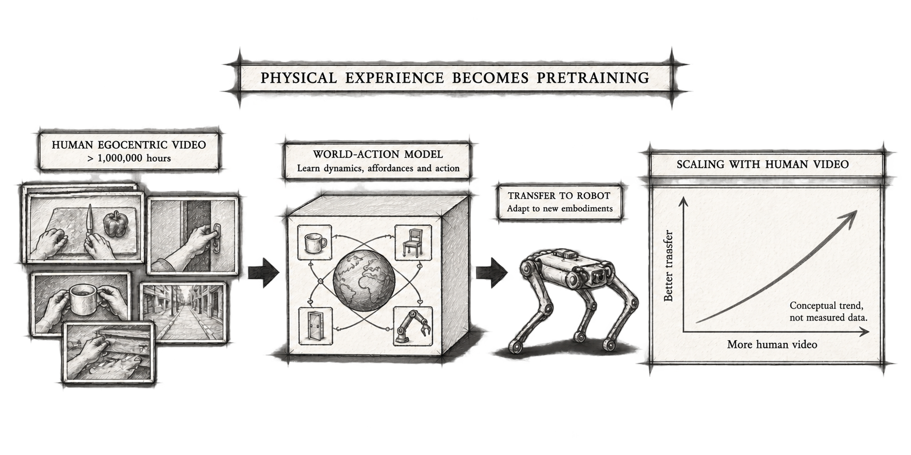 Human egocentric video trains a world-action model that transfers learned physical dynamics to a robot. The upward arrow illustrates a conceptual trend, not measured data.